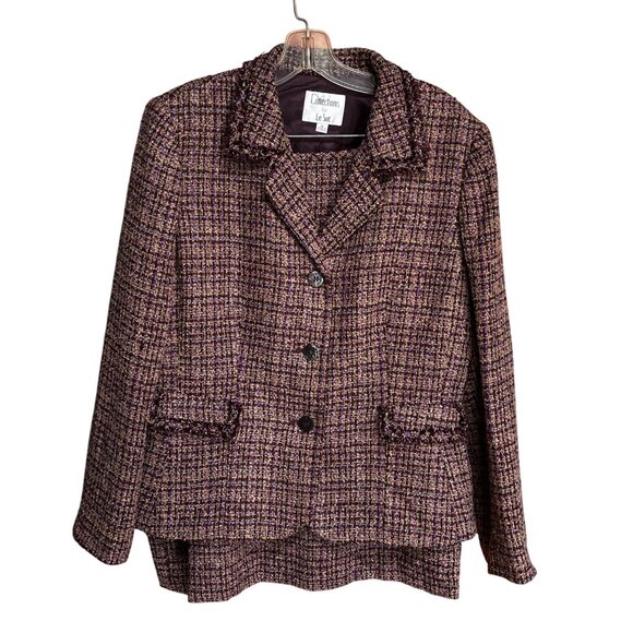 Le Suit 2 Piece Skirt Jacket 16 Tweed Boucle Fringe Old Money Academia Classic - Picture 1 of 16